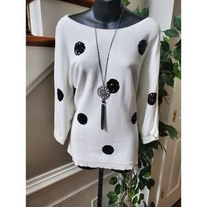 New York & Company Women's White Round Neck 3/4 Sleeve Pullover Sweater Size M